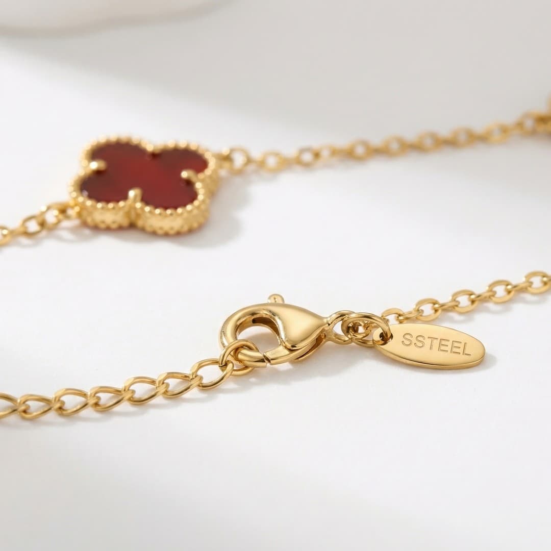 Colar Trevo Quatro Folhas Vermelho Dourado Aço Inox 316L Feminino — imagem 3