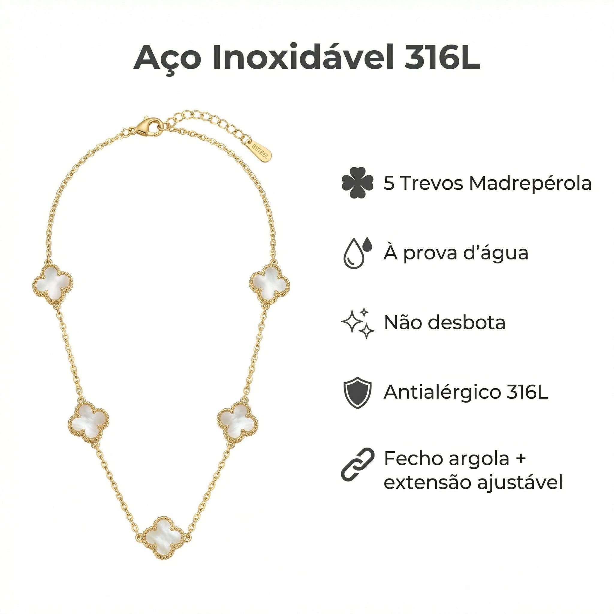 Colar Trevo Quatro Folhas Branco Dourado Aço Inox 316L Feminino — imagem 4